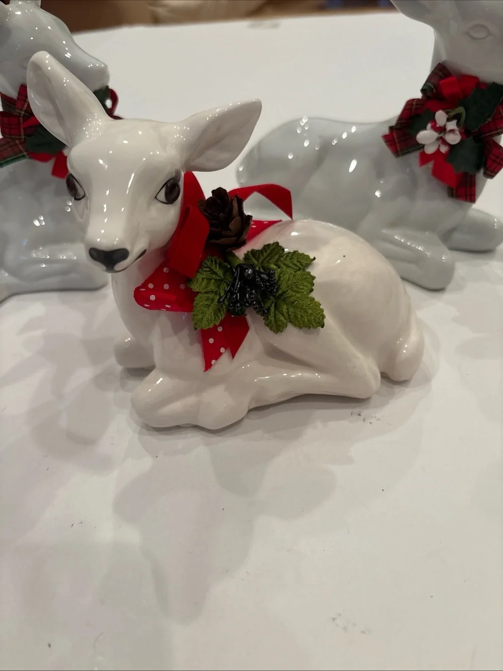 Set of 3/White Ceramic Reindeer Holiday Figurines w/ Red Plaid Bows-Christmas